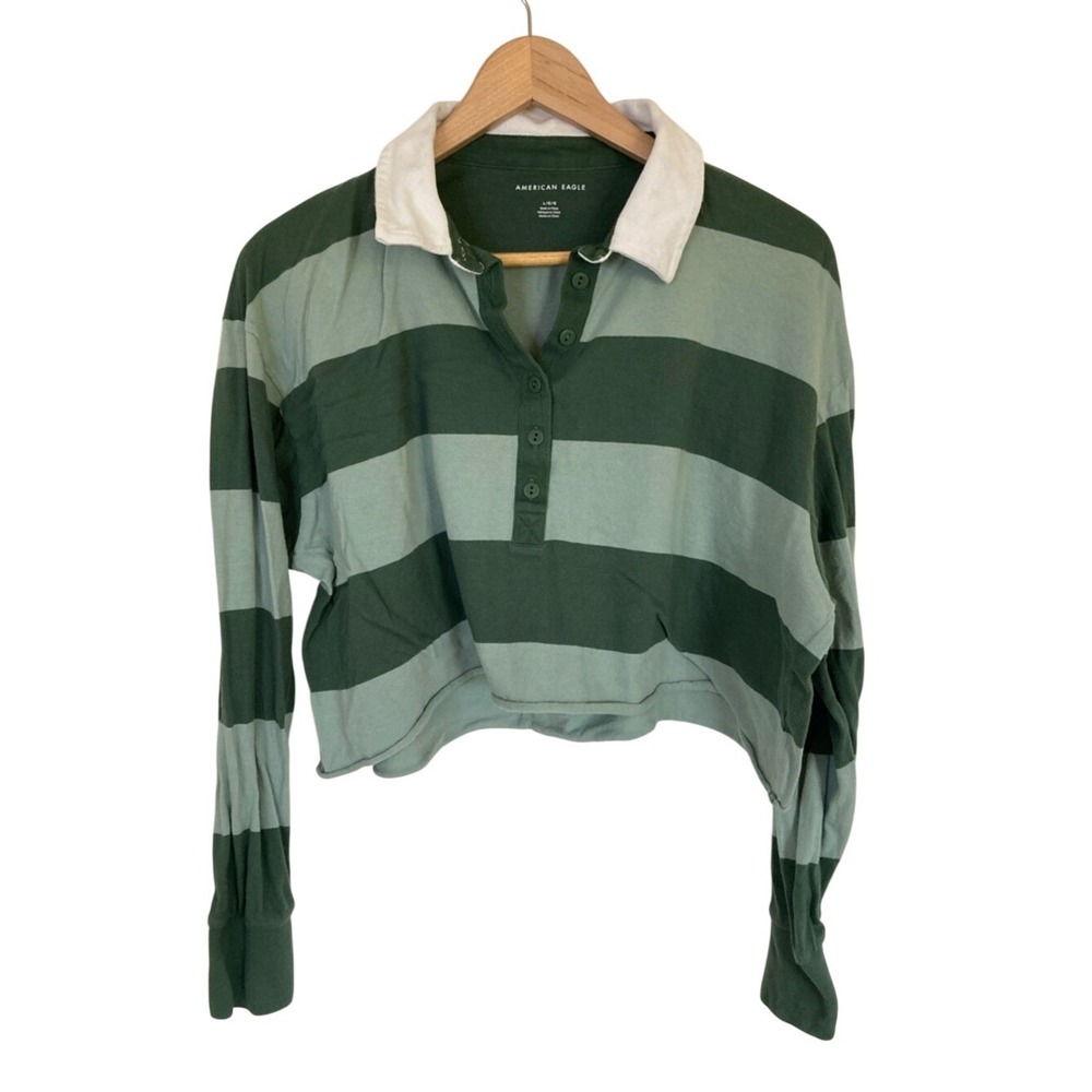 American Eagle Green Striped Rugby Cropped Polo‎ Top Size Large Preppy Classic